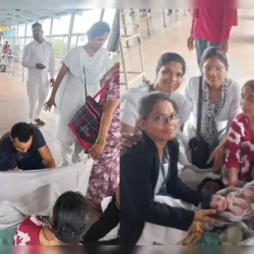 A military doctor assists in the delivery of a baby at a train station