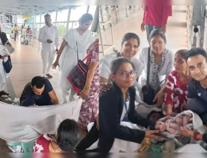 A military doctor assists in the delivery of a baby at a train station