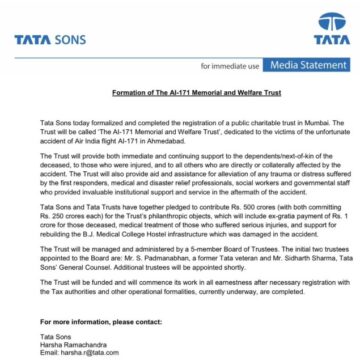 Tata Sons Establishes ₹500 Cr ‘AI-171 Memorial and Welfare Trust’ for Crash Victims