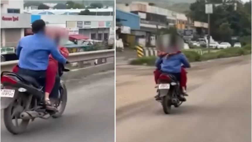 A woman from Pune is seated on the petrol tank of a motorcycle, hugs rider on busy road