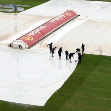 Rain interrupts the match on the fifth day, with India needing seven wickets to beat England