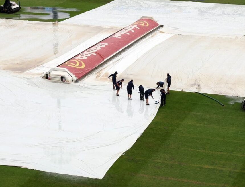 Rain interrupts the match on the fifth day, with India needing seven wickets to beat England