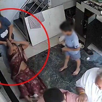 A woman assaults her mother-in-law outside their residence in Ghaziabad, her mother records the incident