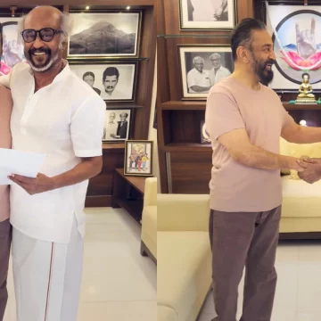 Kamal Haasan meets his friend Rajinikanth prior to the Rajya Sabha oath-taking ceremony
