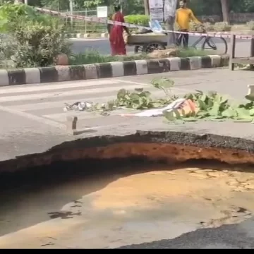 Road Collapses Near National Law University in Delhi’s Dwarka Amid Heavy Rainfall