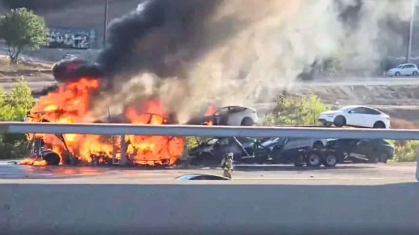 Six Tesla Cars Burn After Car-Carrier Truck Catches Fire on Los Angeles Freeway