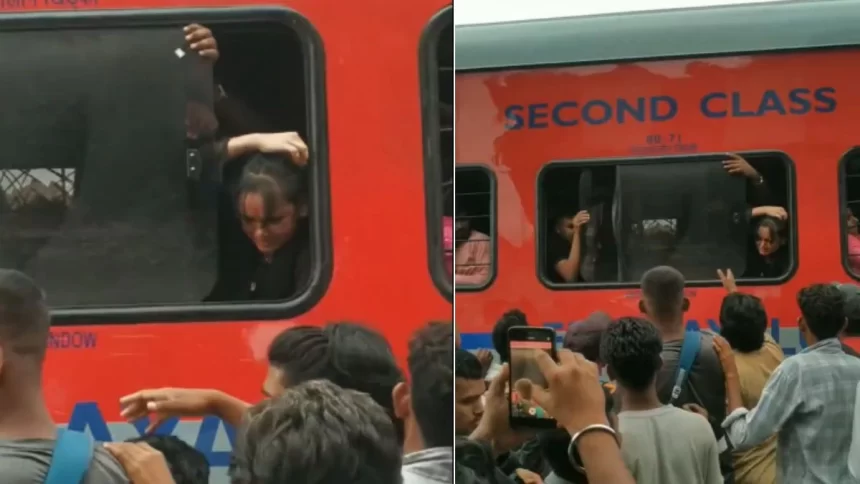 A girl finds it difficult to breathe in a packed train
