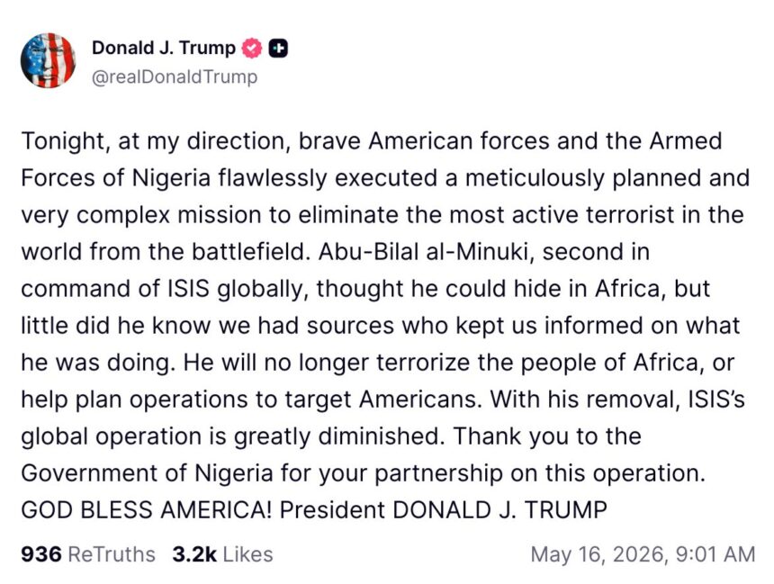 Trump Announces Elimination of ISIS Global Deputy Chief in Joint US-Nigeria Operation