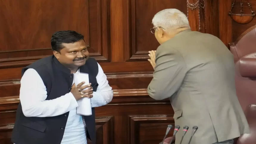 new-delhi-rajya-sabha-chairman-jagdeep-dhankhar-being-greeted-by-tmc-leader-pra- TMC Faces Fresh Setback as Rajya Sabha MP Prakash Chik Baraik Resigns, Signals Political Realignment