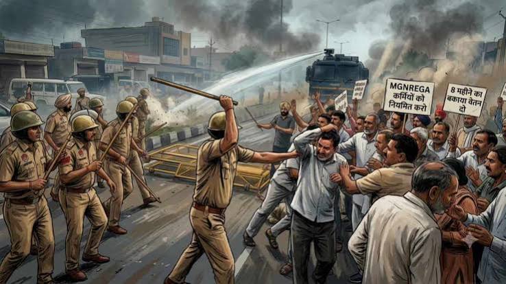 images (62) Police Use Tear Gas, Water Cannons and Lathi Charge to Disperse Protesting MGNREGA Workers in Chandigarh