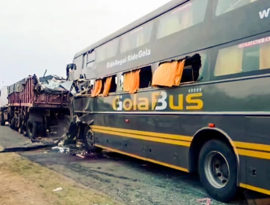 bus-truck-collision-delhi-mumbai-expressway Rajasthan Expressway Crash: 7 Killed, 10 Injured as Tempo Traveller Falls Into Drain
